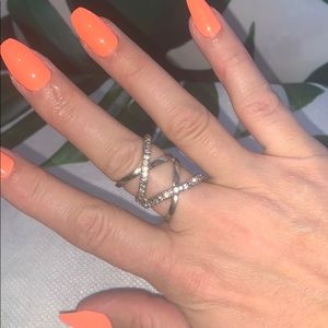 Criss-Cross X Silver Rhinestone Ring